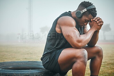 Buy stock photo Music, fitness and thinking with black man in park for exercise, strong and motivation. Streaming, sports podcast and radio with male athlete training in nature for muscle, workout and challenge