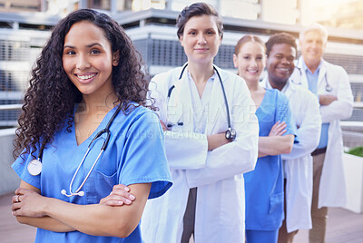 Buy stock photo Medical, doctor and nurse in portrait with arms crossed for healthcare, collaboration and service at hospital. Diversity, solidarity and team at clinic with gesture for pride, teamwork and confidence