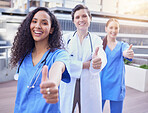 Medical, doctor and nurse in portrait with thumbs up for success, motivation and great service at hospital. Agreement, excellence and healthcare worker with gesture for thank you, yes or ok at clinic