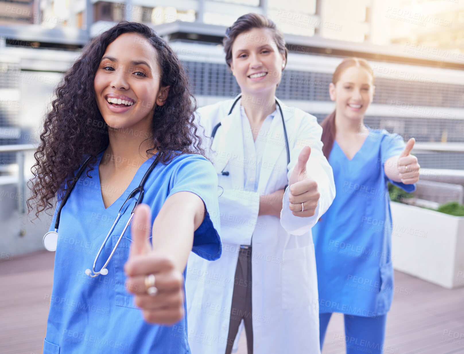 Buy stock photo Medical, doctor and nurse in portrait with thumbs up for success, motivation and great service at hospital. Agreement, excellence and healthcare worker with gesture for thank you, yes or ok at clinic