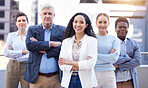 Portrait, outdoor and business people with arms crossed, group and smile with management and leadership. Staff, employees and smile with startup and teamwork with corporate, New York and professional