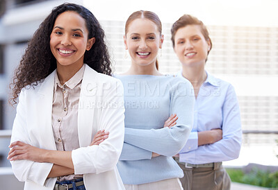 Buy stock photo Business people, women and group portrait with arms crossed for finance collaboration outdoor in city. Professional, employees and teamwork with face, smile and confidence with diversity in career