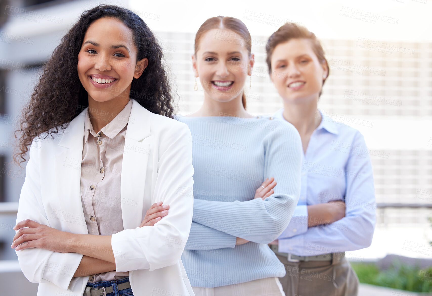 Buy stock photo Business people, women and group portrait with arms crossed for finance collaboration outdoor in city. Professional, employees and teamwork with face, smile and confidence with diversity in career