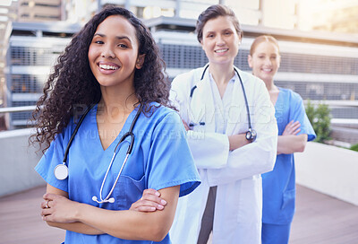 Buy stock photo Healthcare, nurse and doctor in portrait with arms crossed for collaboration, service or empowerment at hospital. Medical, professional and solidarity at clinic with pride, teamwork and confidence