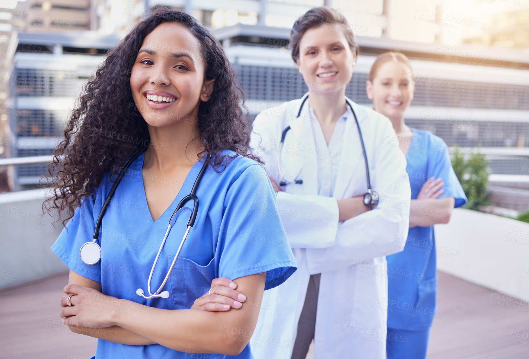 Buy stock photo Healthcare, nurse and doctor in portrait with arms crossed for collaboration, service or empowerment at hospital. Medical, professional and solidarity at clinic with pride, teamwork and confidence