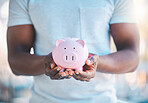 City, investment or hands of person with piggy bank for financial wealth growth or savings increase. Closeup, inflation or income budget in tin for future safety, protection or insurance security