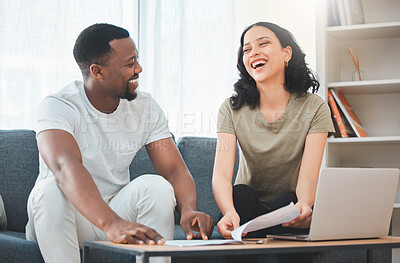 Buy stock photo Couple, laptop and sofa with taxes, happy and paperwork with finance, planning and budget in home. Man, woman and interracial love with computer, documents and excited for financial freedom on couch