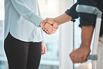 Physiotherapy, handshake and man with crutches consulting physiotherapist for healing, recovery or help. Chiropractic, consultation and male person with leg injury shaking hands for advice or support