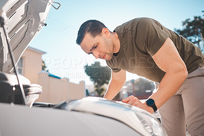 Buy stock photo Stress, car problem and man confused in a street with crisis, disaster or engine inspection. Vehicle, fail and male person with automobile breakdown, stuck or oil, gas or fuel mistake on travel trip