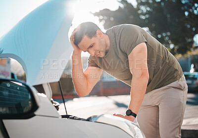 Buy stock photo Man, car and stress in street with breakdown, problem and thinking with emergency in metro city. Person, vehicle or transportation on road with overheating, technical error and mistake with engine