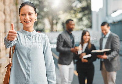 Buy stock photo Portrait, city and business with woman, thumbs up and review with agreement and feedback in New York. Face, person and PR consultant with hand gesture and support with thank you, smile or achievement