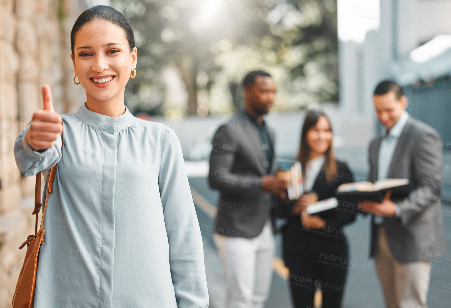 Buy stock photo Portrait, city and business with woman, thumbs up and review with agreement and feedback in New York. Face, person and PR consultant with hand gesture and support with thank you, smile or achievement