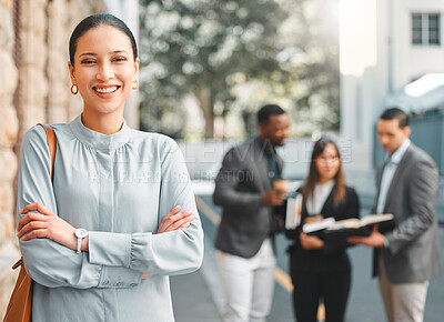 Buy stock photo Woman, arms crossed and professional portrait outdoor for business, corporate agent and smile in city. Power, ambition and pride, confident and happy in career with entrepreneur in urban town