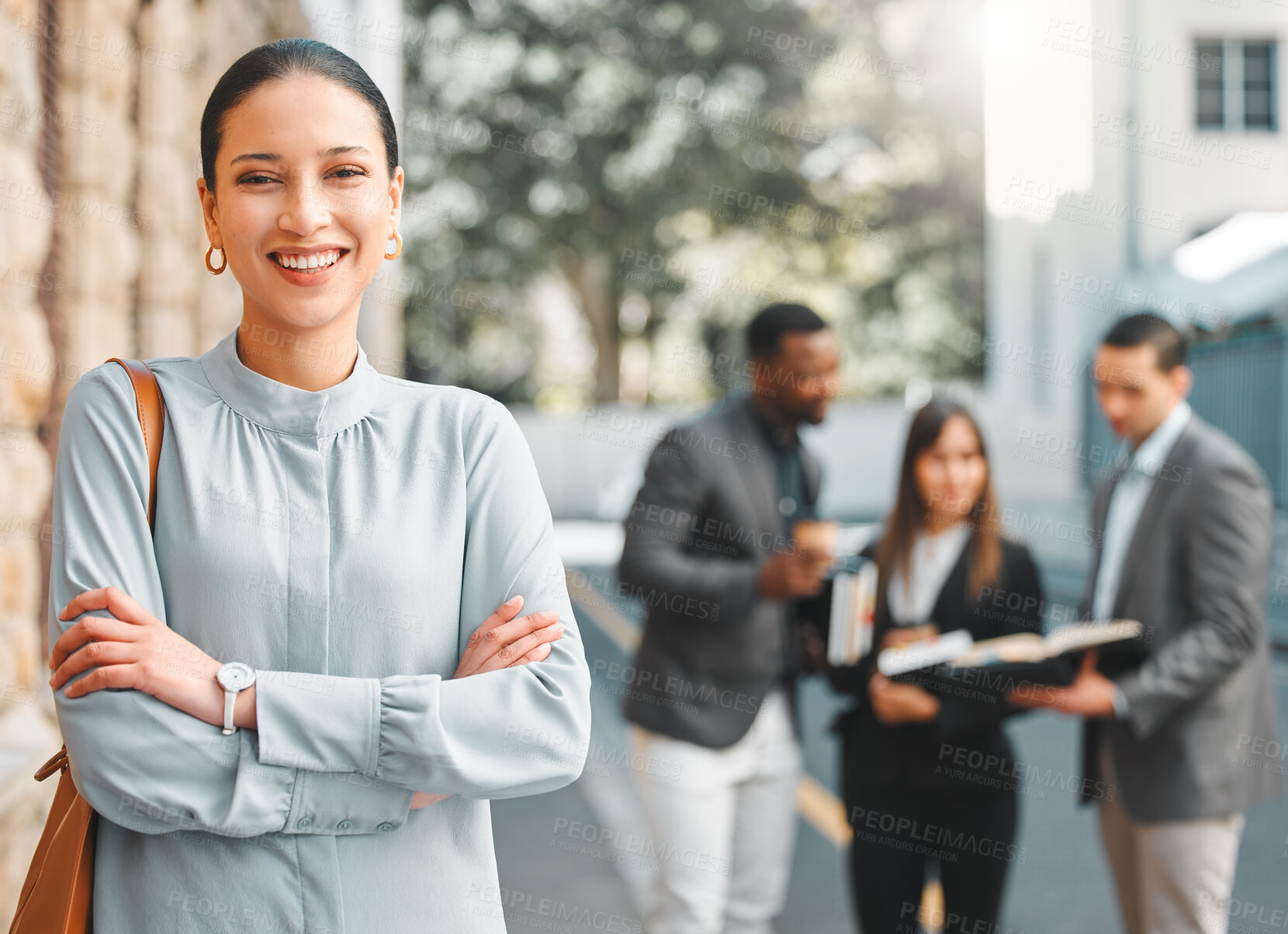 Buy stock photo Woman, arms crossed and professional portrait outdoor for business, corporate agent and smile in city. Power, ambition and pride, confident and happy in career with entrepreneur in urban town