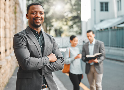 Buy stock photo Black man, arms crossed and professional portrait outdoor for business, corporate leader and smile in city. Ambition, pride and smile, confident and happy in career with entrepreneur in urban town