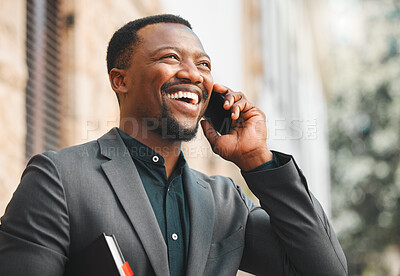 Buy stock photo Businessman, happy and phone call for networking, city and negotiation on business deal in town. Black male person, conversation and app for communication in outdoors, lawyer and laughing for humor