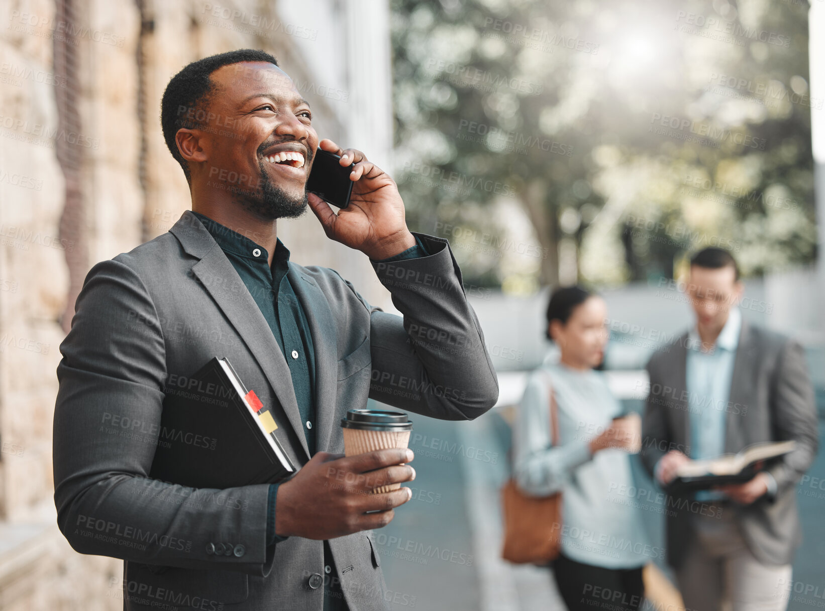 Buy stock photo Businessman, coffee and phone call for networking, city street and negotiation on business deal in town. Black male person, conversation and app for communication in outdoors, tea and book for plan