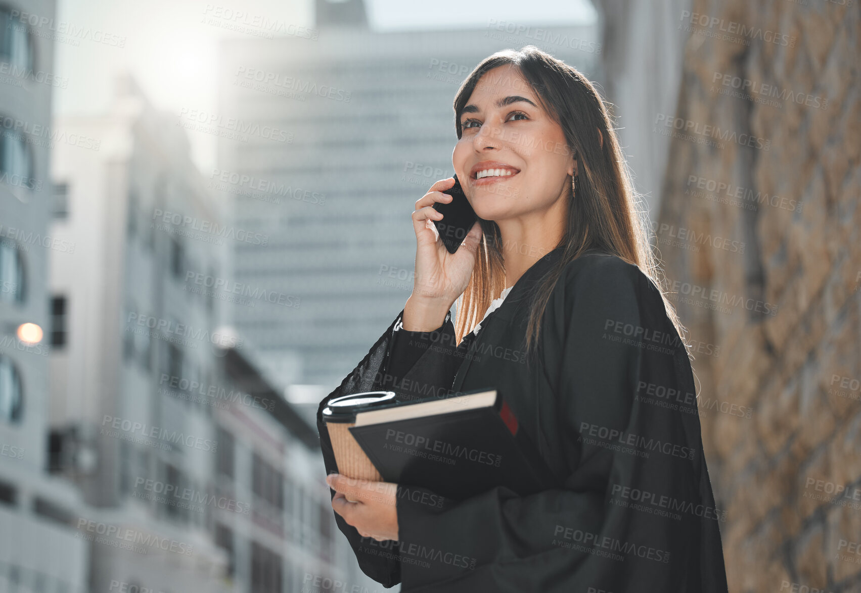 Buy stock photo Lawyer, woman and phone call with smile in street for law, justice or human rights with advice for job at court. Attorney, advocate and person with book, contact or documentation for evidence in city