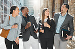 Lawyer, people and team with laughing outdoor on break for relax, travel or commute to law firm in city street. Legal, attorney and collaboration with face, happiness and diversity for court meeting