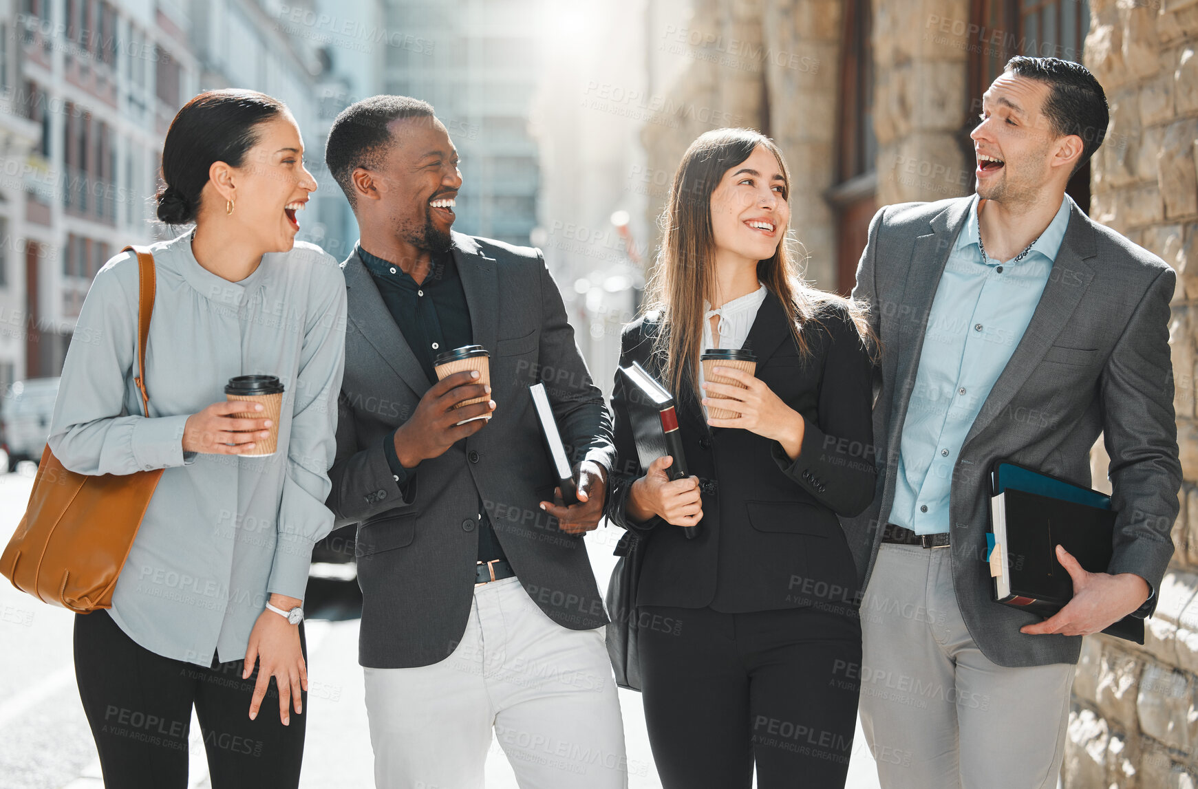 Buy stock photo Lawyer, people and team with laughing outdoor on break for relax, travel or commute to law firm in city street. Legal, attorney and collaboration with face, happiness and diversity for court meeting