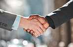 Handshake, partnership and business people outdoor with agreement, closeup of collaboration and contract deal success. Support, trust and loyalty, introduction or thank you with shaking hands for b2b