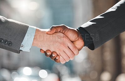 Buy stock photo Handshake, partnership and business people outdoor with agreement, closeup of collaboration and contract deal success. Support, trust and loyalty, introduction or thank you with shaking hands for b2b