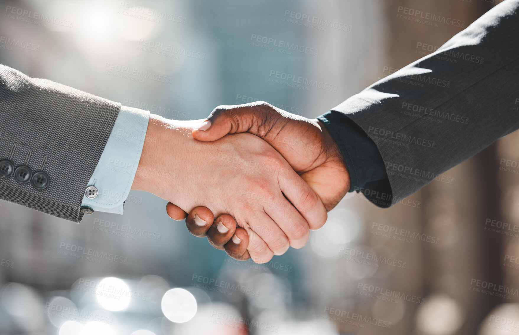 Buy stock photo Handshake, partnership and business people outdoor with agreement, closeup of collaboration and contract deal success. Support, trust and loyalty, introduction or thank you with shaking hands for b2b