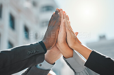 Buy stock photo Hands together, high five with business people and support outdoor, trust or loyalty with collaboration and success in city. Teamwork, partnership with respect and solidarity for corporate inclusion