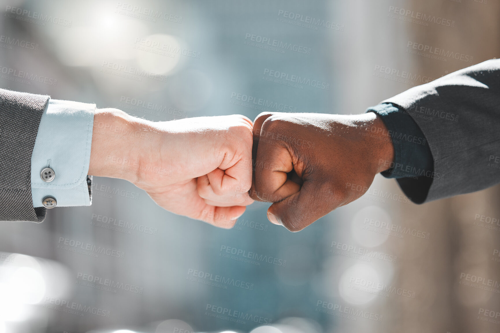 Buy stock photo Business people, fist bump and collaboration in city, outdoors and greeting or recruitment. Partnership, closeup and integration or support in solidarity, celebration and thank you for hire or bokeh