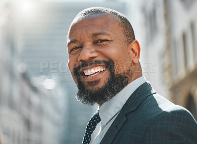 Buy stock photo Mature, black man and business portrait in town as corporate sales manager for commercial and industrial company. Male person, professional and happy for growth in career, industry and closeup