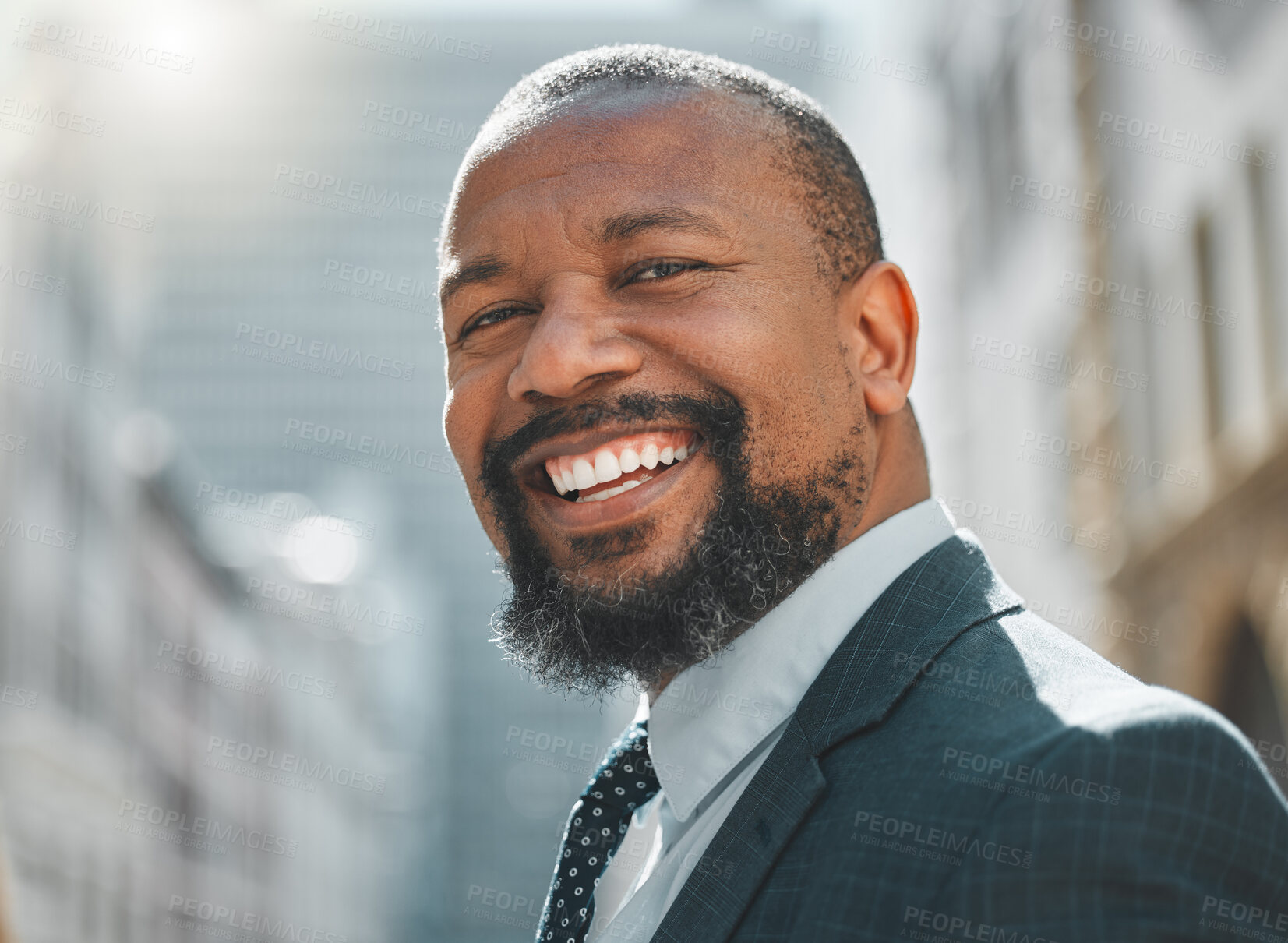 Buy stock photo Mature, black man and business portrait in town as corporate sales manager for commercial and industrial company. Male person, professional and happy for growth in career, industry and closeup