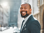 Mature, black man and business portrait in city as corporate sales manager for commercial and retail company. Male person, professional and happy for growth in career, profits and performance