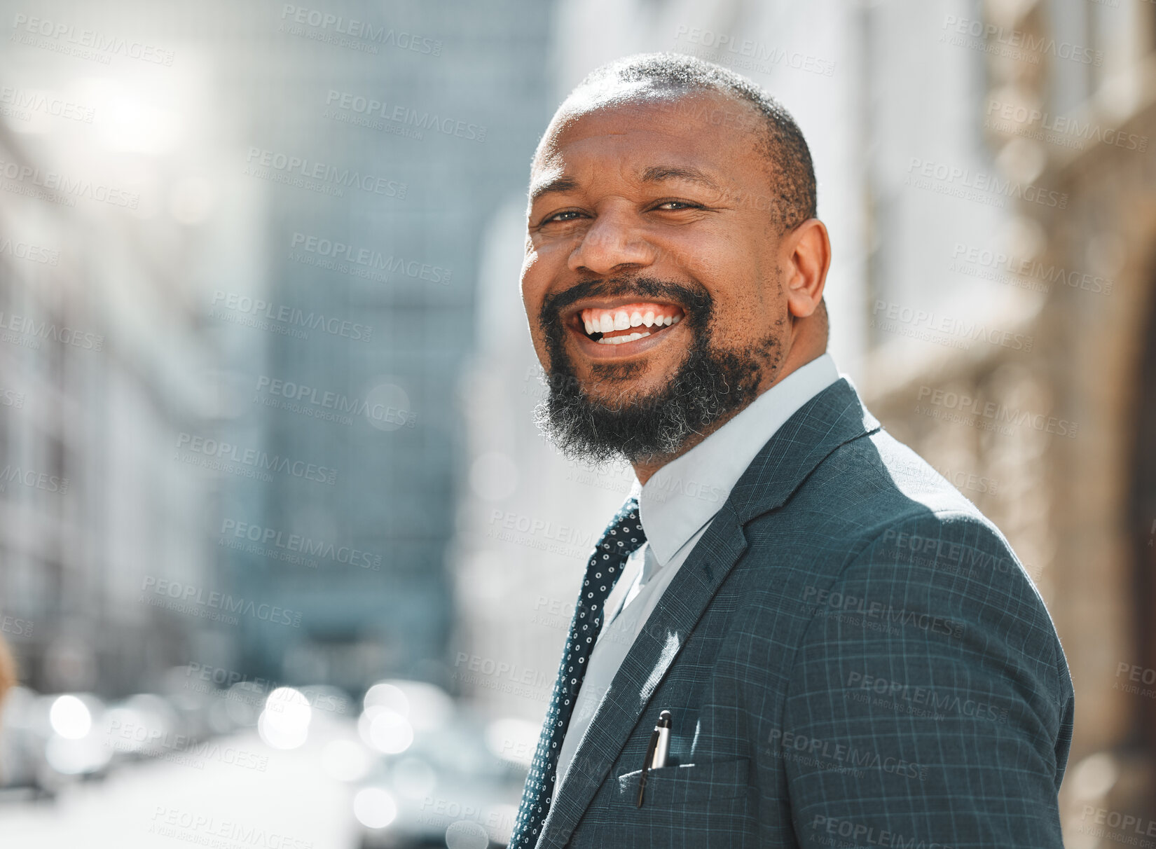 Buy stock photo Mature, black man and business portrait in city as corporate sales manager for commercial and retail company. Male person, professional and happy for growth in career, profits and performance