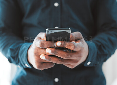 Buy stock photo Closeup, hands and business with person, smartphone and typing with connection and professional. Web, employee and entrepreneur with cellphone and mobile user with tech and digital app with network