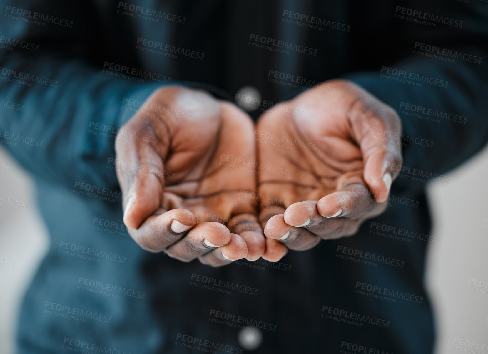 Buy stock photo Closeup, business and person with hands, donation and offer with care and sharing opportunity. Employee, professional and consultant asking for help, borrow and financial aid with salary increase