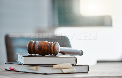 Buy stock photo Justice, gavel and law books on table in office for court trial, legislation or fair constitution by judicial system. Firm, closeup and legal hammer by information for corporate case in workplace.