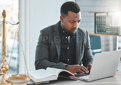 Buy stock photo Computer, planning and a business lawyer thinking of case study, research and legal solution at law firm or office. African attorney with book and laptop for justice, human rights and typing report