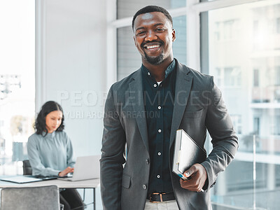 Buy stock photo Business man, portrait and happy in office for legal career, planning and confidence at a law firm. African lawyer, attorney or notary with professional style and notebook or diary for case notes