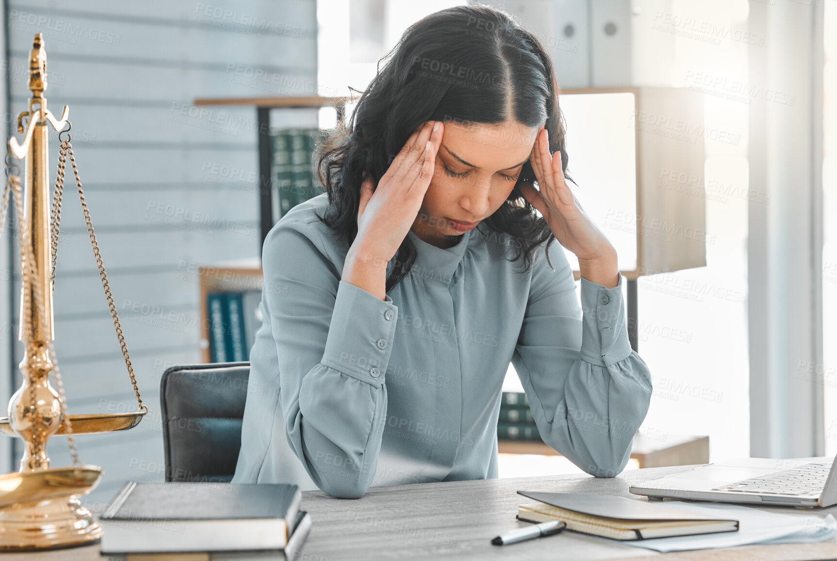 Buy stock photo Woman, lawyer and headache from stress in office, burnout and worry for legal constitution or justice. Female person, migraine and laptop for research on court case, anxiety and advocate for solution