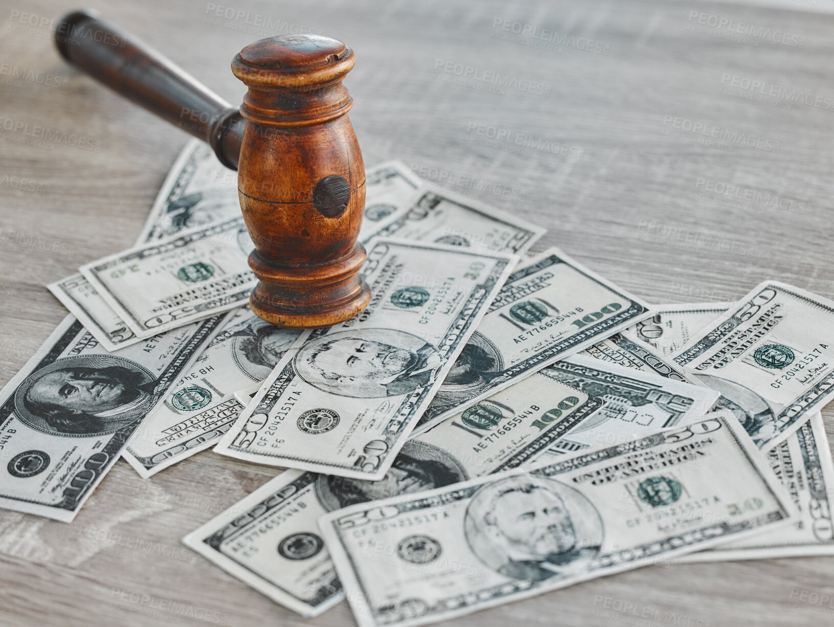Buy stock photo Gavel, money and legal, bribery or fraud with payment deal, criminal or justice in corruption. Background of cash and courtroom hammer for financial crime, auction or debt with ethics or constitution