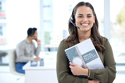 Buy stock photo Portrait of a young businesswoman using a headset in a modern office