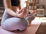 Yoga, lotus hands and woman in meditation, zen fitness and training for mindfulness, spiritual healing and peace. Meditate, holistic workout and calm person with balance and wellness at home closeup