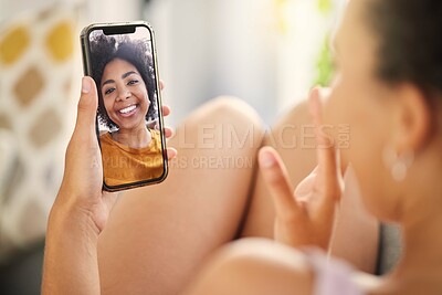 Buy stock photo Phone, video call and woman on screen for communication, virtual chat or networking online at home. Hello, happy and couple of friends talking or conversation for international connection on mobile