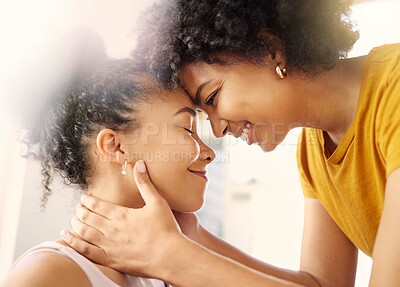 Buy stock photo Forehead, lesbian and women with love, lgbtq and smile with romance, support and happiness. Queer, female people and girls with care, homosexual relationship and relax with a loving relationship