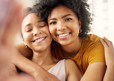 Buy stock photo Smile, friends and face selfie of women in home for memory, social media and profile picture. Girls, photography and portrait of African people bonding, blog together and happy influencer in house.