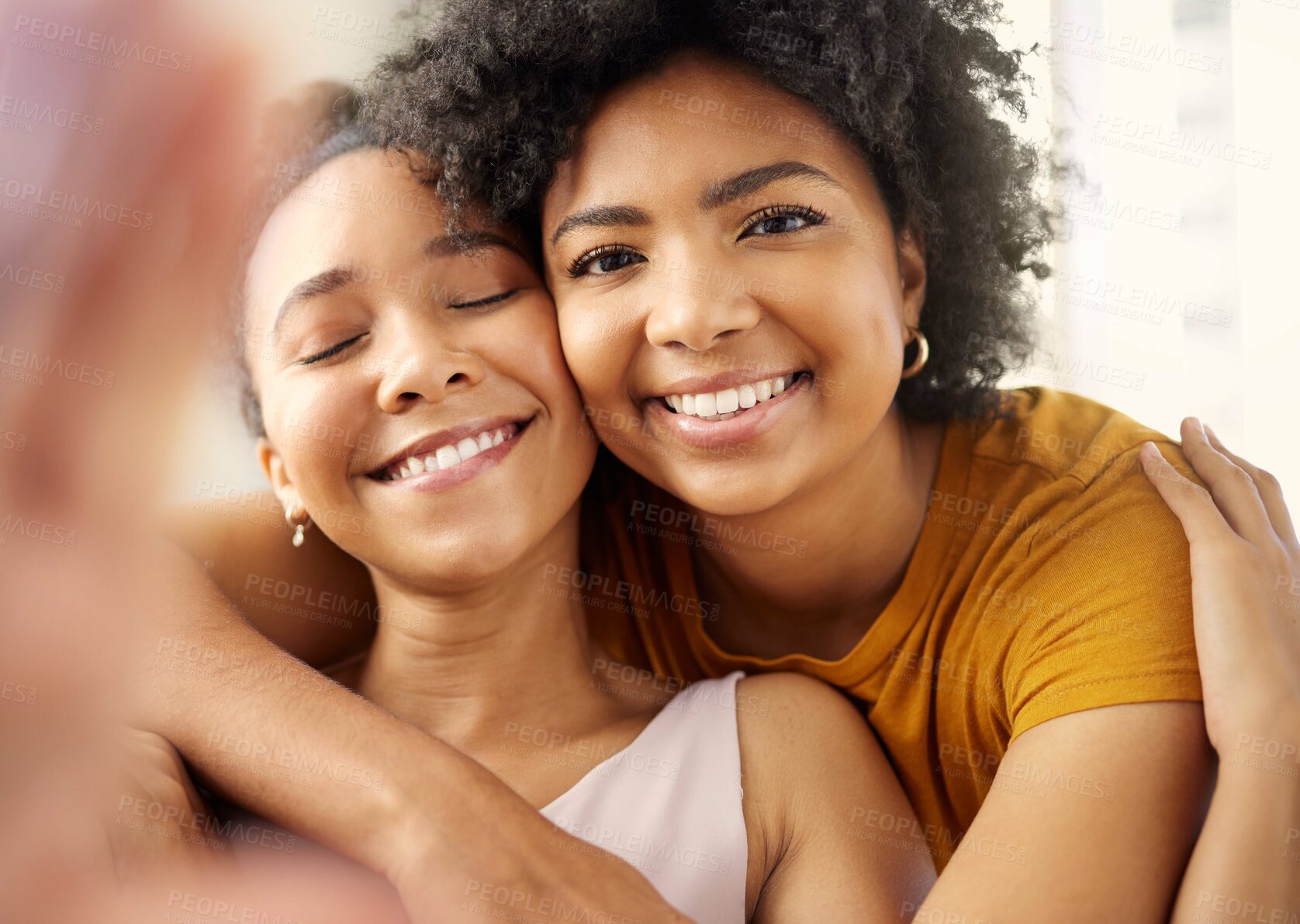 Buy stock photo Smile, friends and face selfie of women in home for memory, social media and profile picture. Girls, photography and portrait of African people bonding, blog together and happy influencer in house.