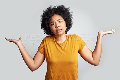 Buy stock photo Confused, decision and portrait of African woman in studio with hand gesture for unsure, doubt and dont know. Thinking, what emoji and female person on white background for shrug, question and choice