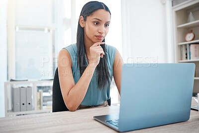 Buy stock photo Business, thinking and woman with a laptop, problem solving and connection with internet, website info and planning. Office, person and employee with pc, worker and professional with tech and choice