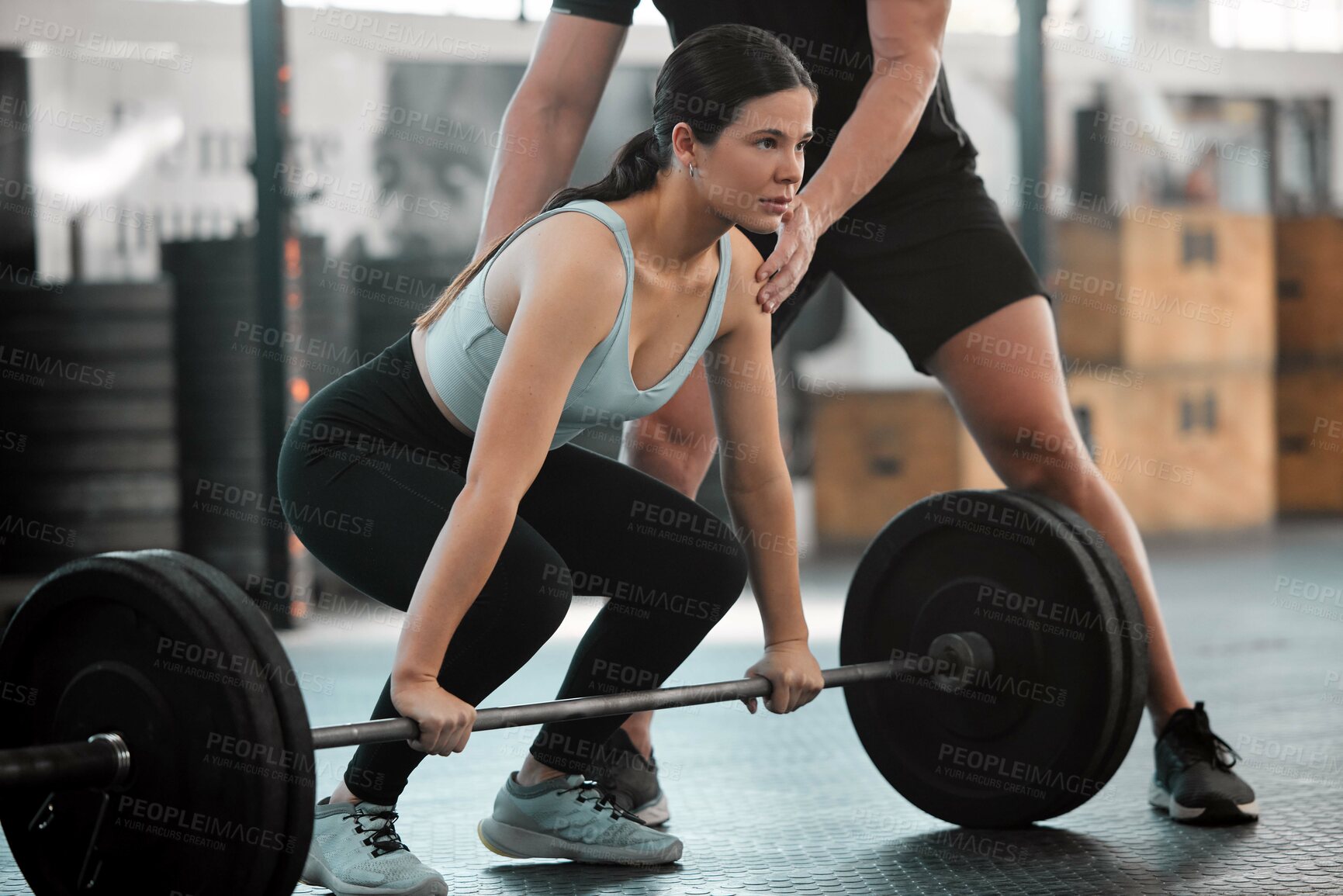 Buy stock photo Fit, strong young woman weight lifting at the gym. Active athletic female assisted by supportive workout trainer. Exercise and fitness lady training with health and wellness coach indoors.