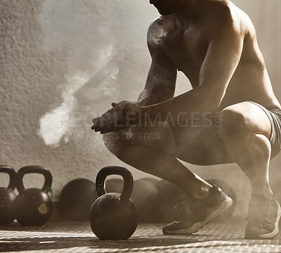 Buy stock photo Fitness, workout of healthy wellness man at a gym. Big muscular male getting ready for weight lifting, preparing by clapping hands with powder dust. Fit, strong and athletic bodybuilder guy training.